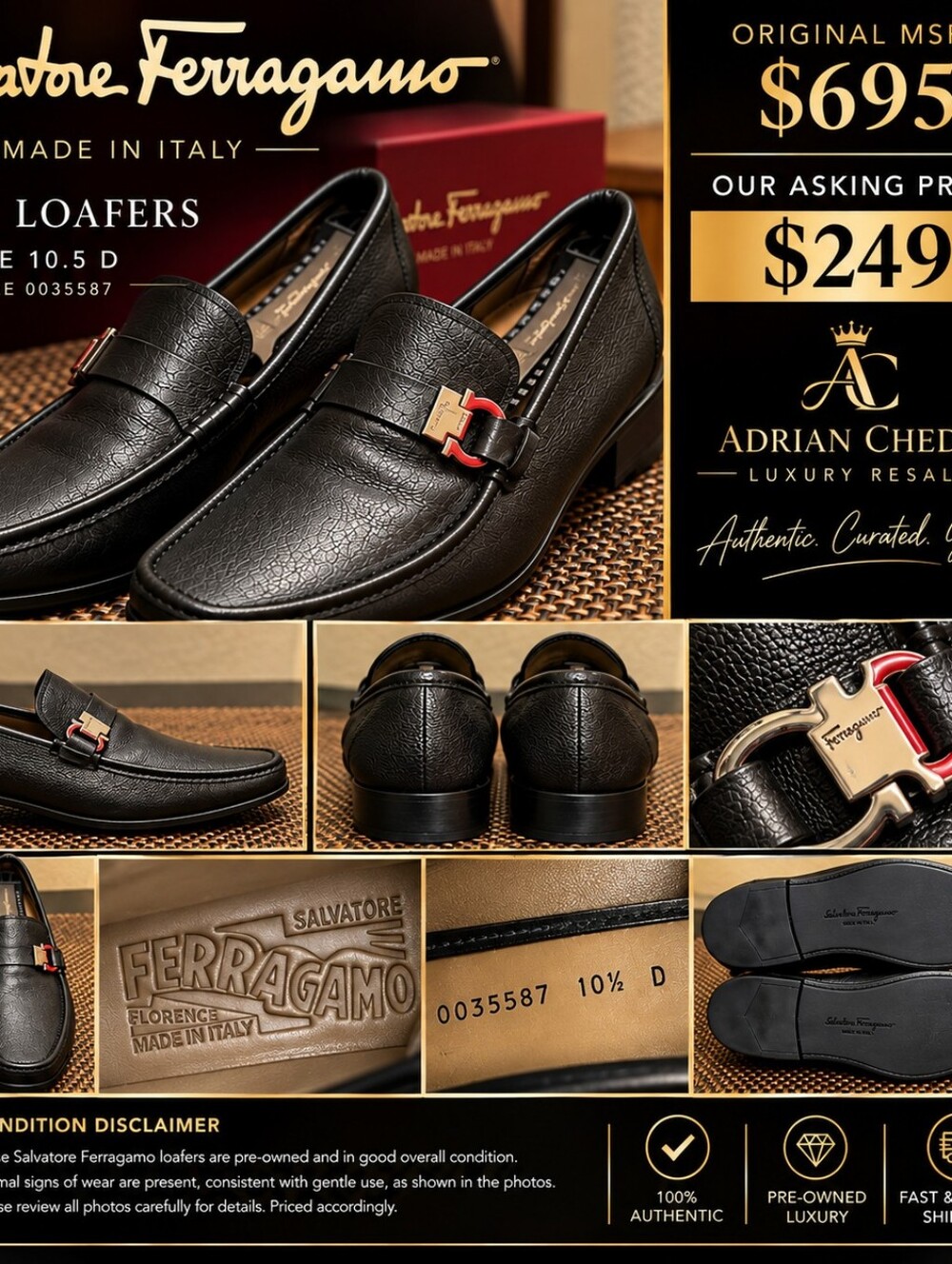 Salvatore Ferragamo Black Pebbled Leather Bit Loafers